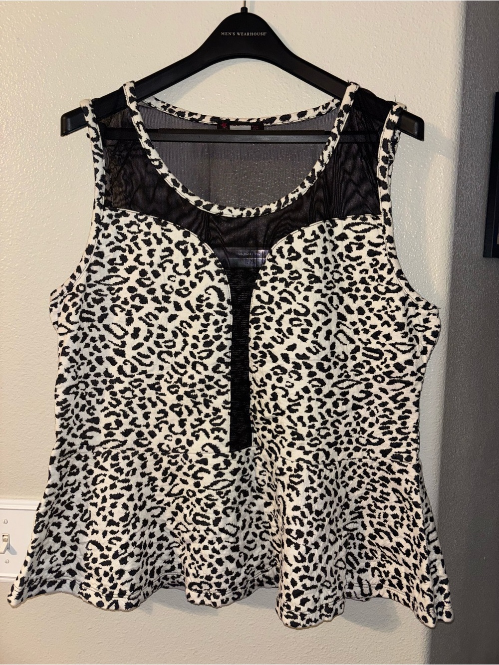 Black and White Leopard-Print Mesh Peplum Tank Top Rockabilly